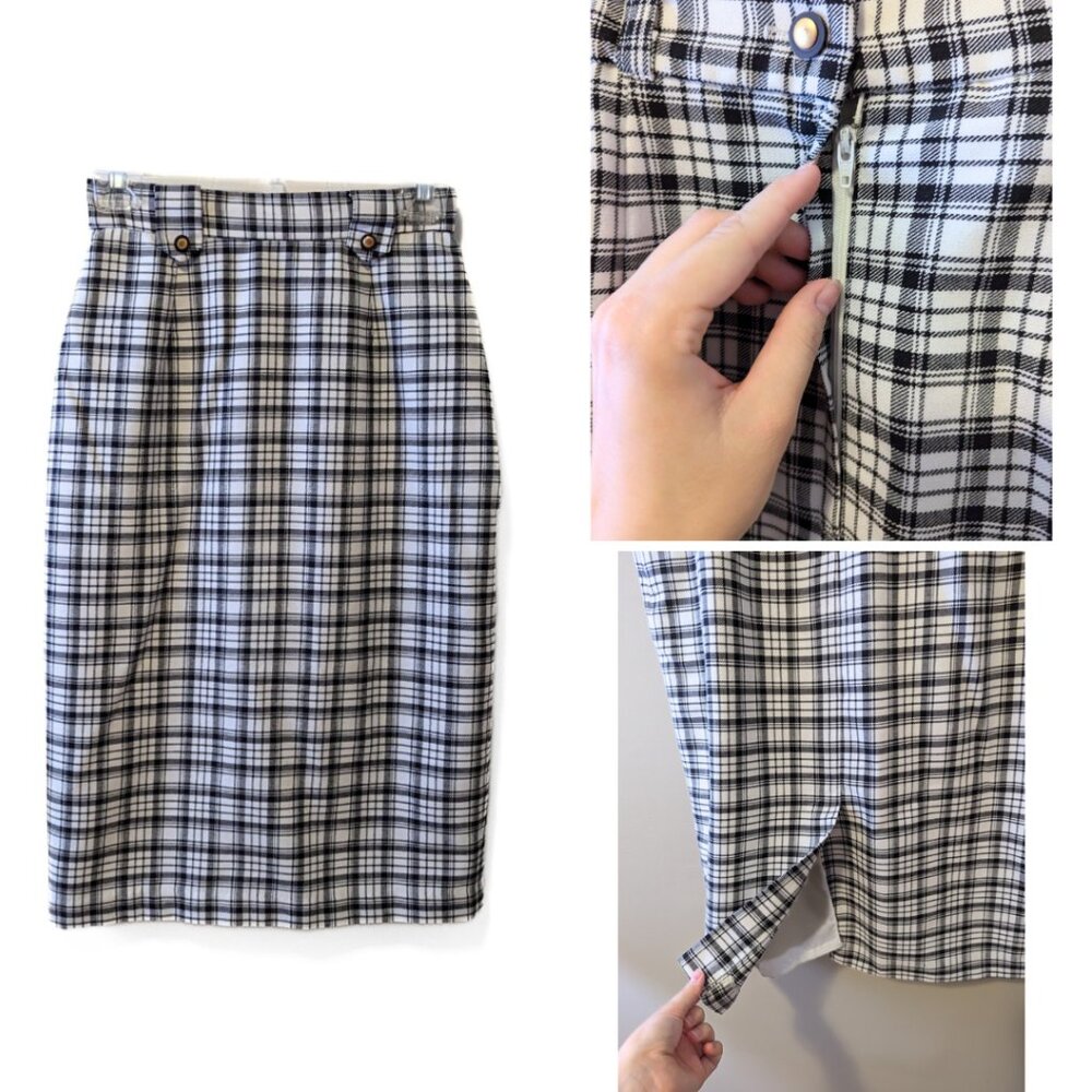 Vintage 90s Plaid Midi Skirt Black White Button Preppy Retro Secretary Size S